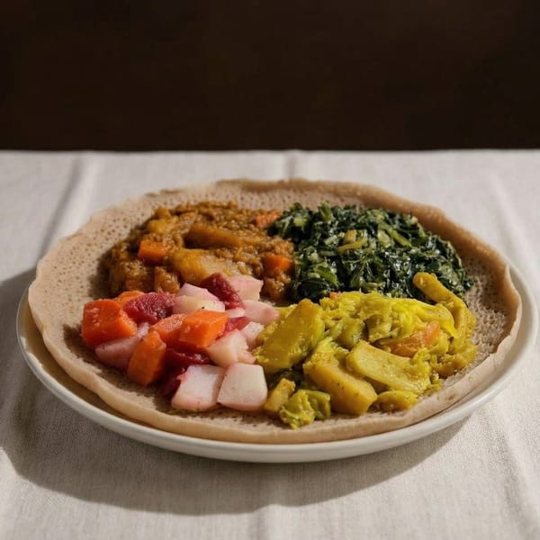 A colorful Ethiopian injera platter with four distinct vegetable and lentil dishes.