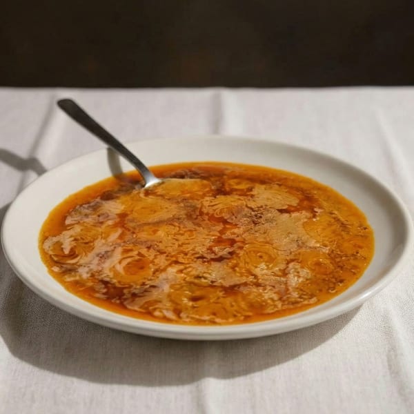 A white bowl filled with a rich orange soup, garnished with cream swirls and a spoon.