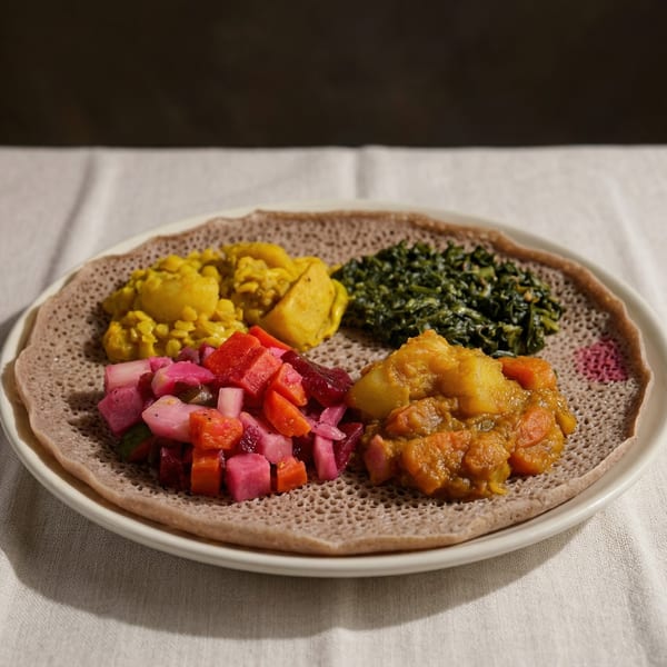 A white plate with injera bread topped with four colorful Ethiopian dishes on a white tablecloth.