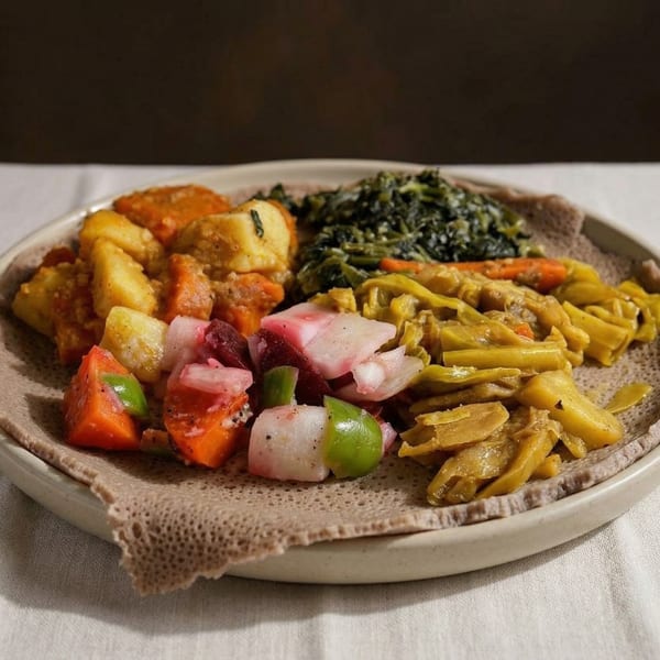 A plate of Ethiopian injera bread topped with various colorful vegetable stews and salads.
