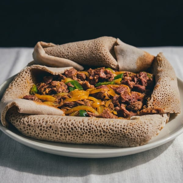 Ethiopian injera bread filled with tibs, featuring beef, green peppers, and yellow onions.