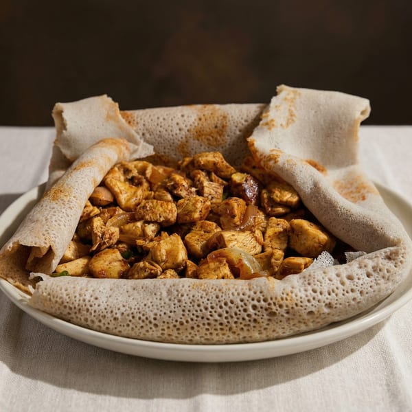 Spicy chicken tibs with onions served on a large piece of injera bread.