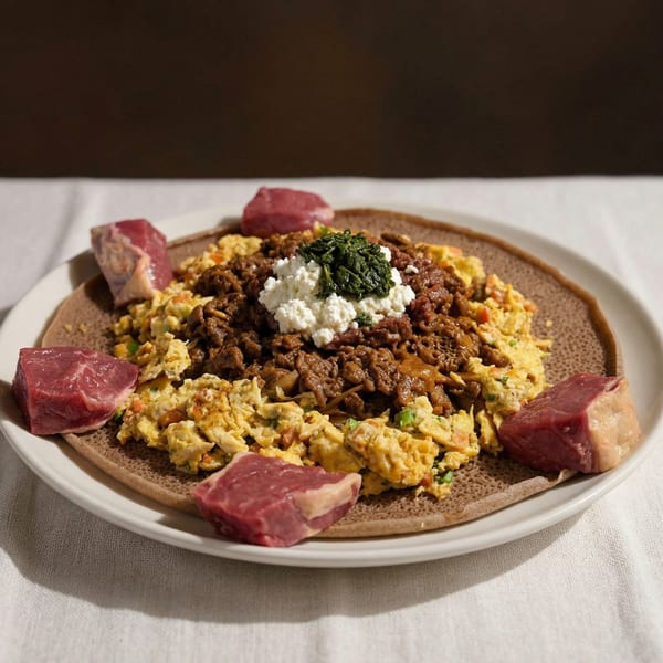 Ethiopian injera bread topped with scrambled eggs, minced meat, cottage cheese, and raw beef cubes.
