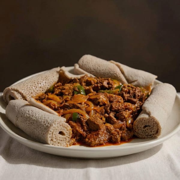 Ethiopian beef tibs with onions and peppers, surrounded by rolled injera bread on a white plate.