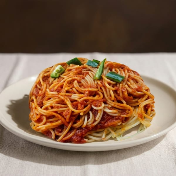 A plate of spaghetti with red sauce and green peppers on a white tablecloth.