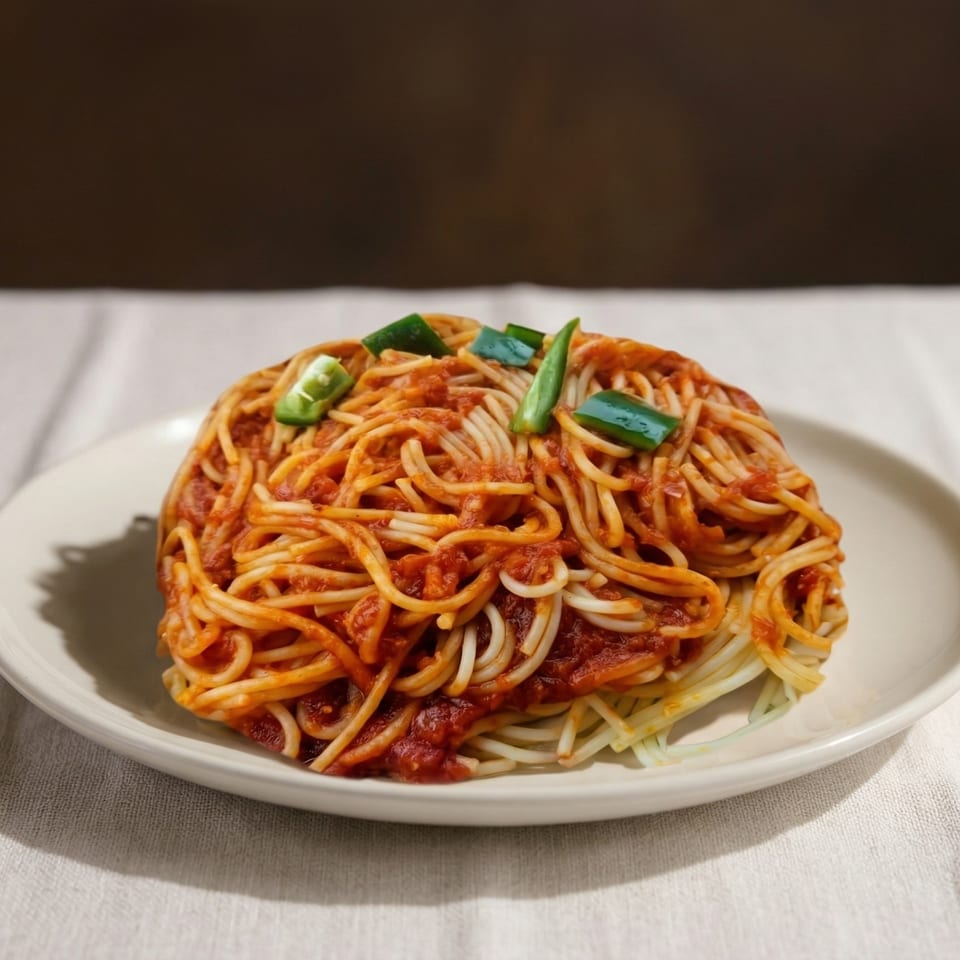 A plate of spaghetti with red sauce and green peppers on a white tablecloth.